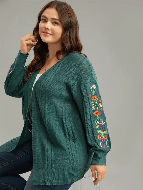 Floral Embroidered Cable Knit Lantern Sleeve Cardigan sold by Bloomchic