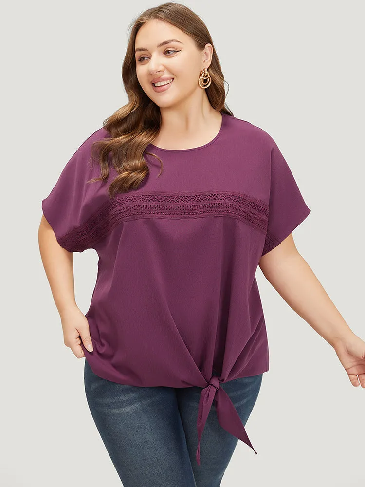 Solid Lace Insert Dolman Sleeve Knot Hem Blouse sold by Bloomchic product image thumbnail 4