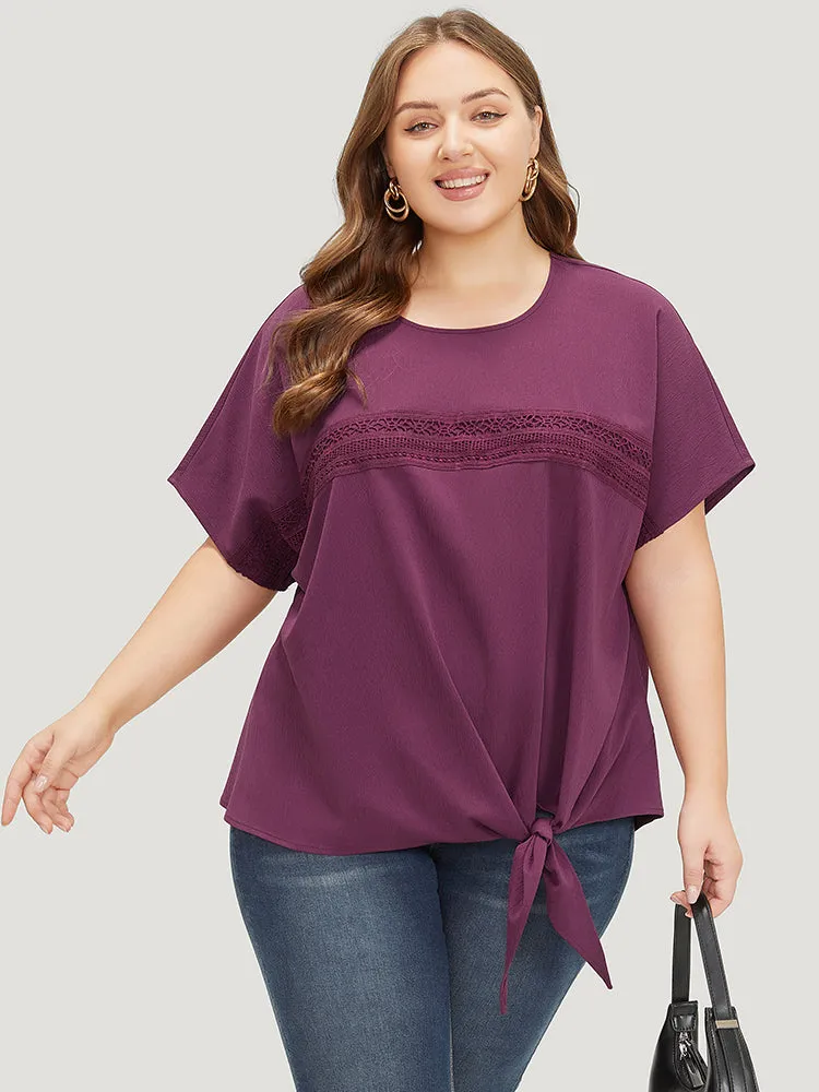 Solid Lace Insert Dolman Sleeve Knot Hem Blouse sold by Bloomchic product image thumbnail 3