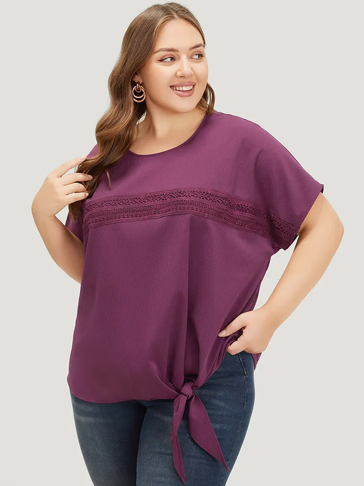 Solid Lace Insert Dolman Sleeve Knot Hem Blouse sold by Bloomchic product image thumbnail 2