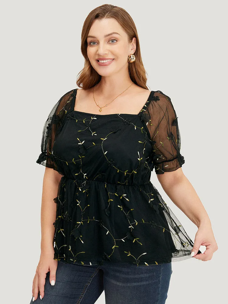 Plant Embroidered Appliques Mesh Puff Sleeve Blouse sold by Bloomchic product image thumbnail 3