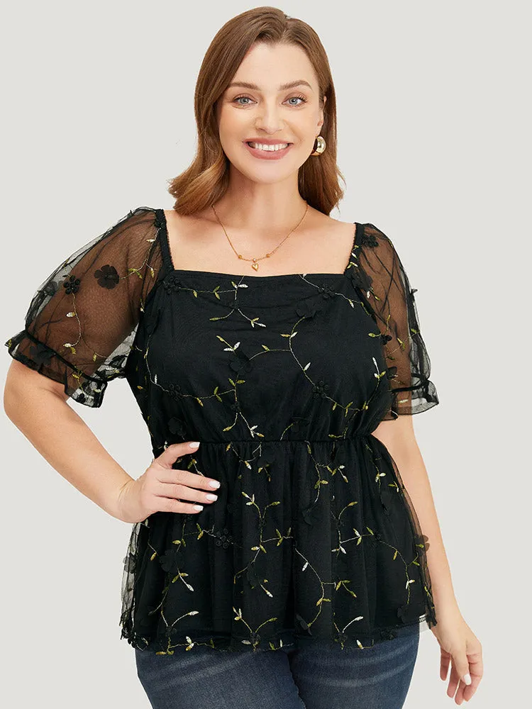Plant Embroidered Appliques Mesh Puff Sleeve Blouse sold by Bloomchic