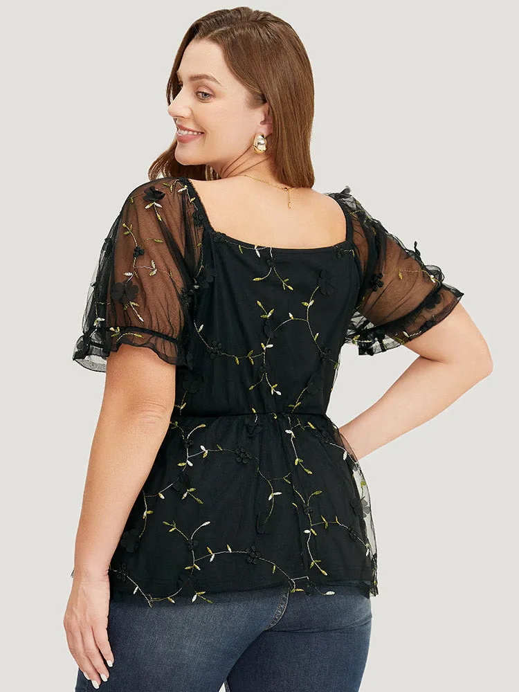 Plant Embroidered Appliques Mesh Puff Sleeve Blouse sold by Bloomchic product image thumbnail 5