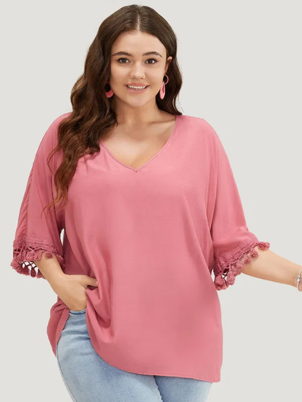 Solid Tassels Detail Flounce Sleeve Blouse sold by Bloomchic