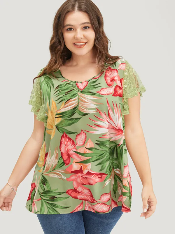 Plant Print Mesh Ruffle Sleeve Blouse sold by Bloomchic