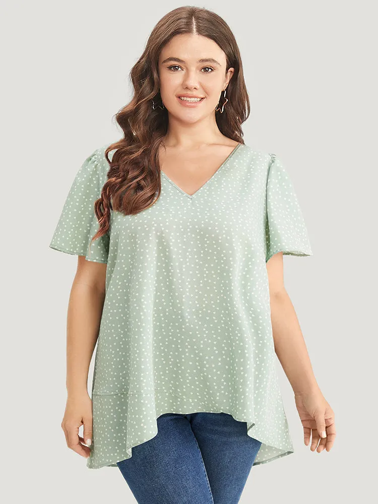 Heart Print Ruffle Sleeve Asymmetrical Hem Blouse sold by Bloomchic