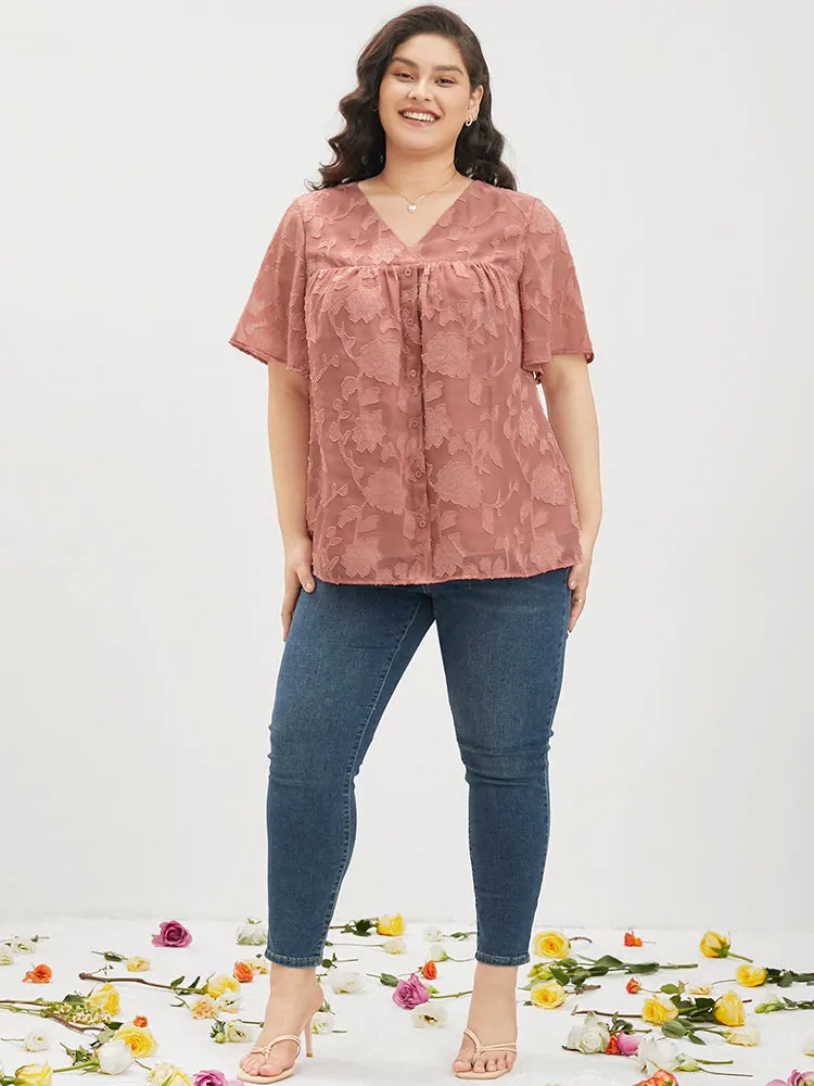 Floral Print Mesh Ruffle Sleeve Button Detail V Neck Blouse sold by Bloomchic product image thumbnail 2