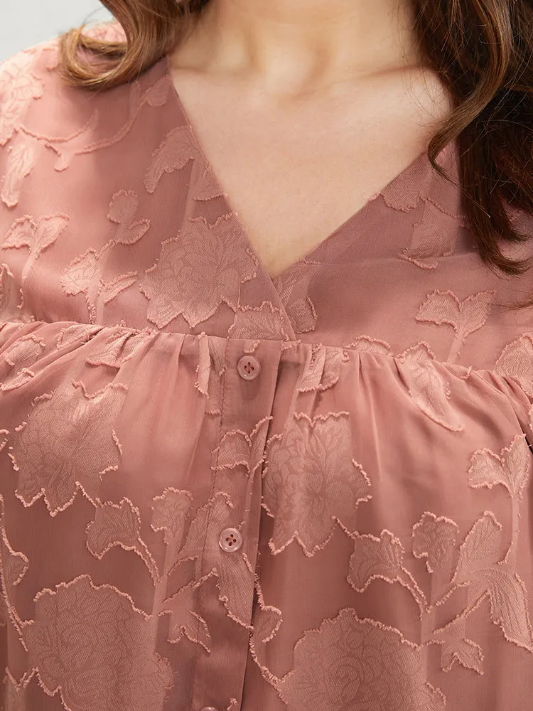 Floral Print Mesh Ruffle Sleeve Button Detail V Neck Blouse sold by Bloomchic product image thumbnail 4