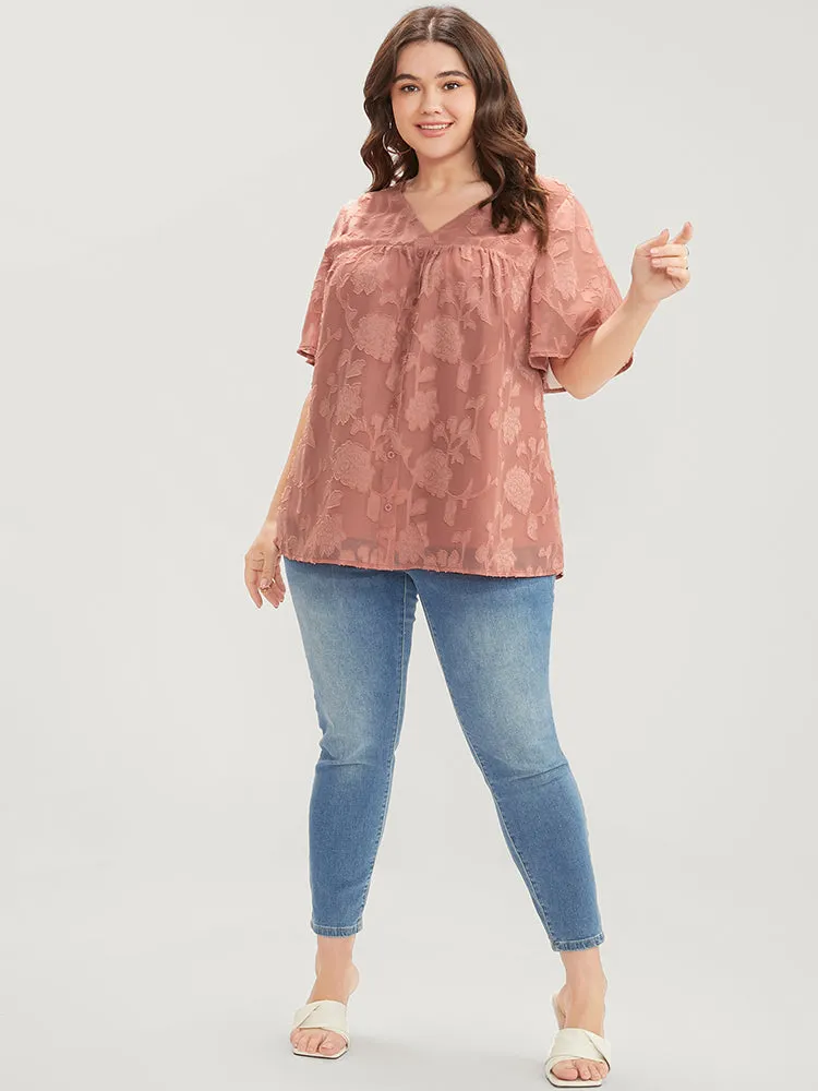 Floral Print Mesh Ruffle Sleeve Button Detail V Neck Blouse sold by Bloomchic product image thumbnail 3