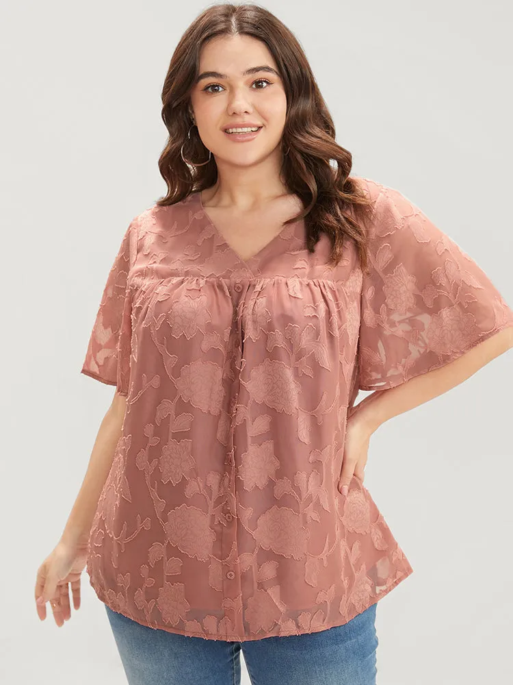Floral Print Mesh Ruffle Sleeve Button Detail V Neck Blouse sold by Bloomchic