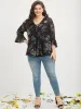 Floral Print Bell Sleeve Mesh V Neck Blouse sold by Bloomchic