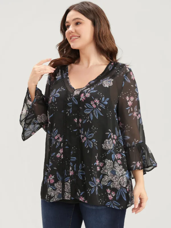 Floral Print Bell Sleeve Mesh V Neck Blouse sold by Bloomchic