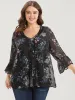 Floral Print Bell Sleeve Mesh V Neck Blouse sold by Bloomchic