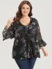 Floral Print Bell Sleeve Mesh V Neck Blouse sold by Bloomchic