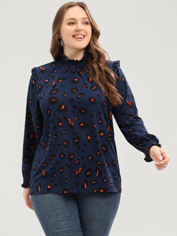 Allover Print Ruffle Trim Lantern Sleeve Shirred Blouse sold by Bloomchic