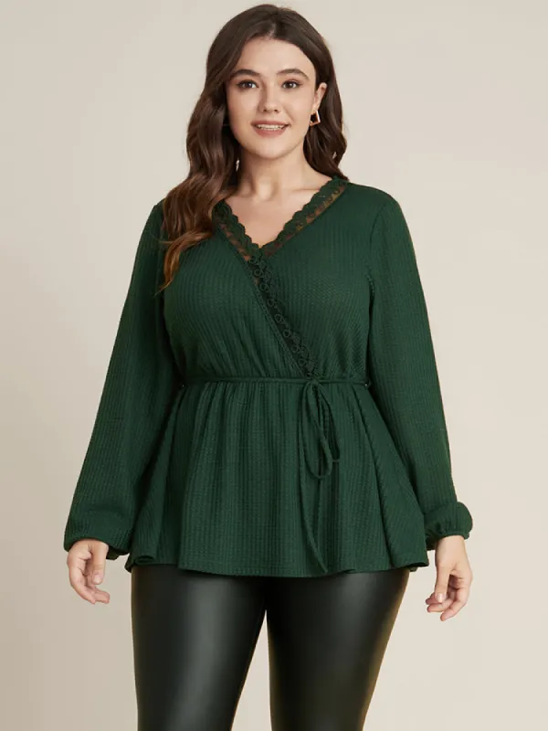 Solid Ties Up Wrap Contrast Lace Waffle Knit Blouse sold by Bloomchic