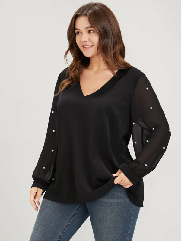 Solid Patchwork Mesh Sleeve Pearls Beaded Blouse sold by Bloomchic