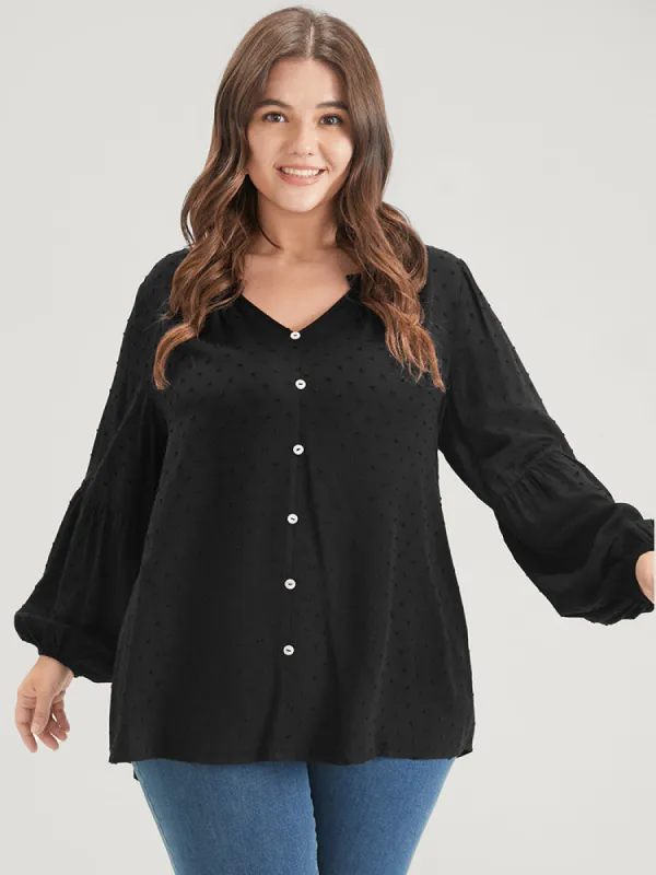Solid  Button Lantern Sleeve Polka Dot Blouse sold by Bloomchic