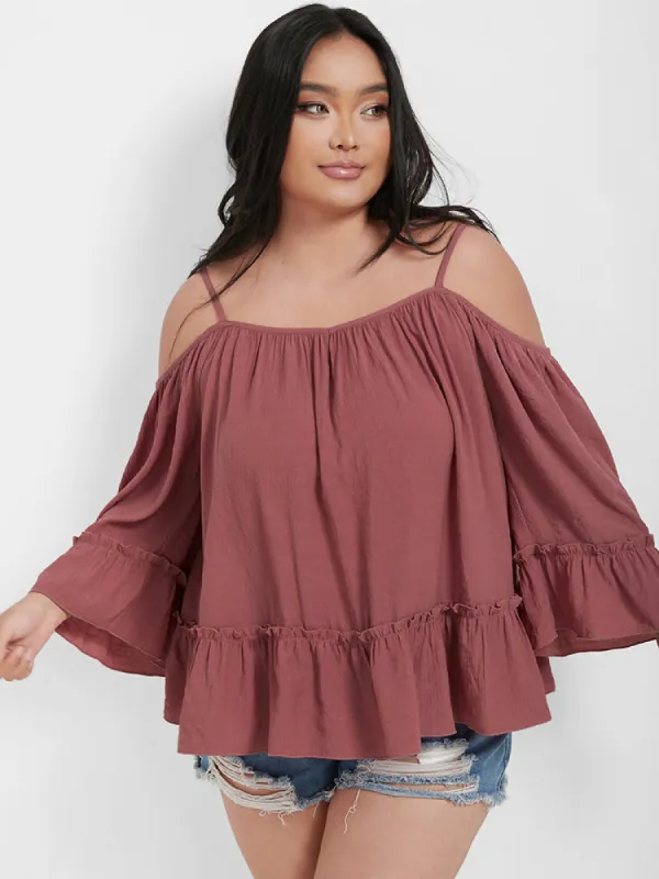 Plain Ruffles Cold Shoulder Frill Trim Blouse made by Bloomchic