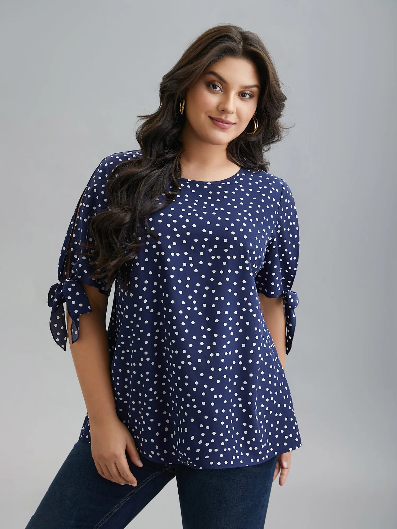 Polka Dots Round Neck Sleeve-Tie Blouse sold by Bloomchic