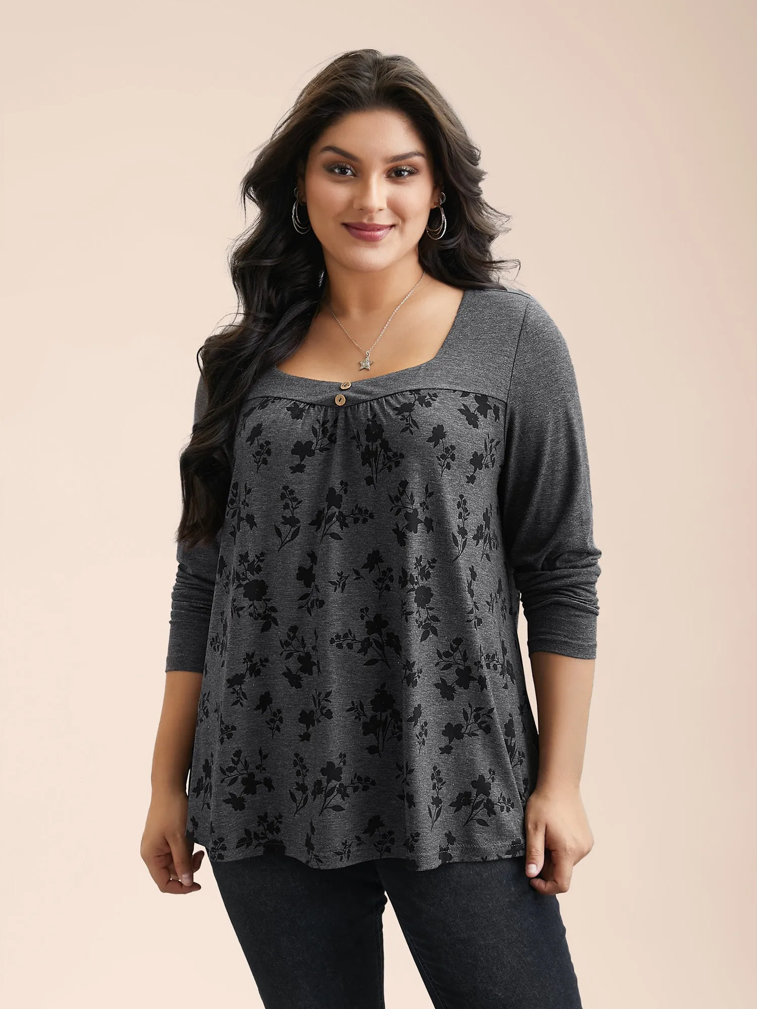 Floral Spliced Heart Neckline Gathered T-Shirt sold by Bloomchic