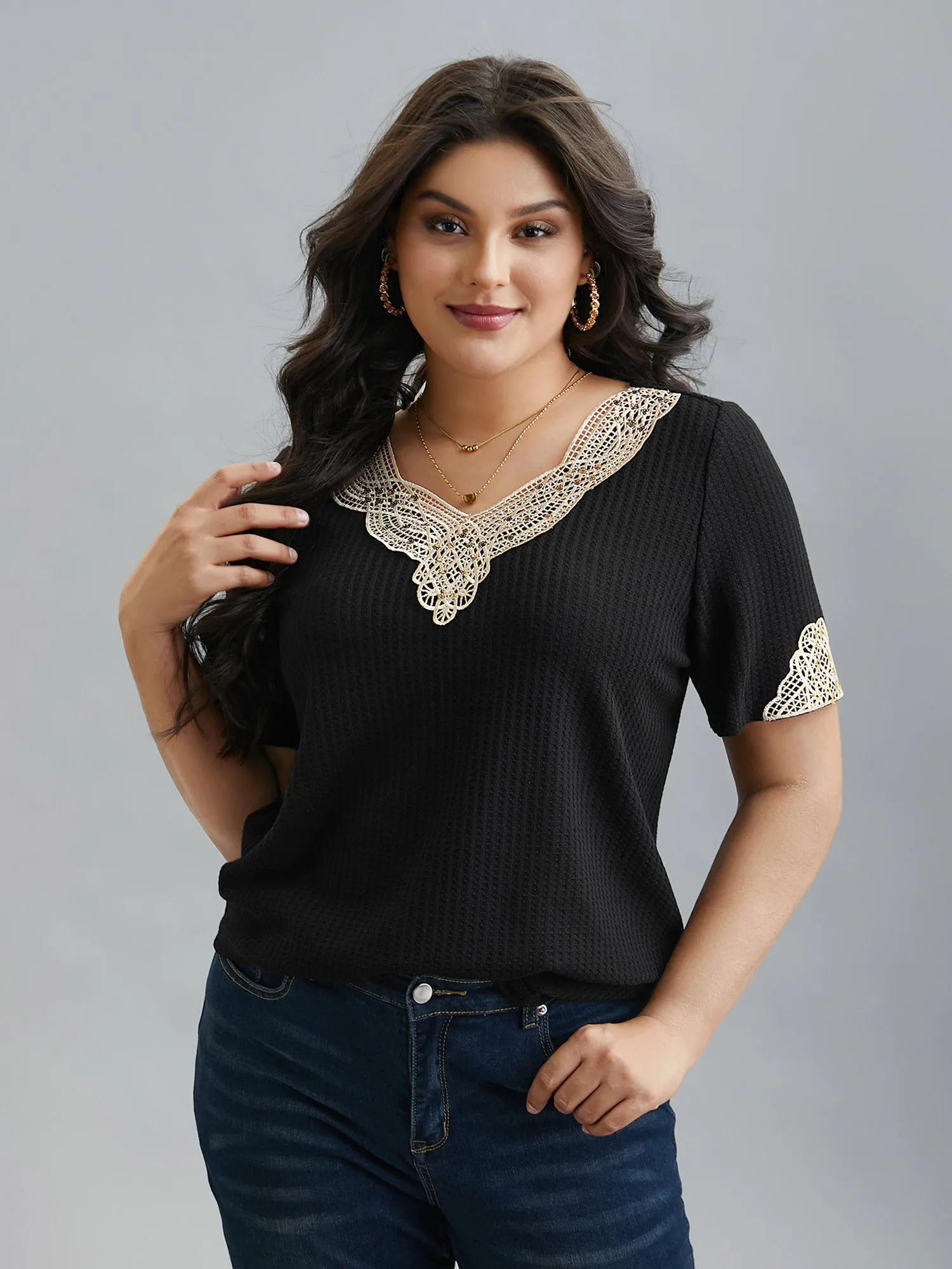 Lace Patchwork Textured Waffle Knit Top sold by Bloomchic product image thumbnail 3