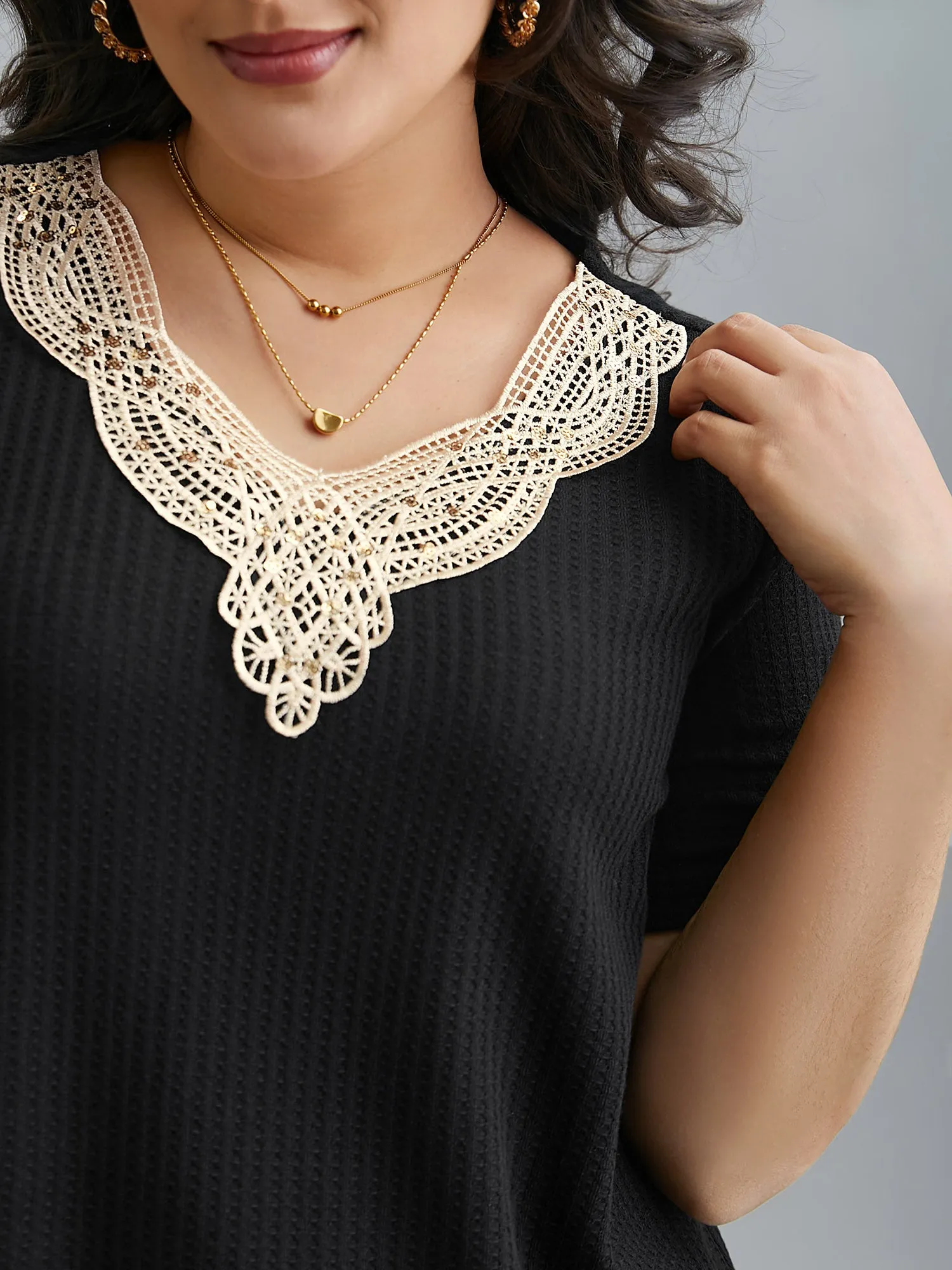 Lace Patchwork Textured Waffle Knit Top sold by Bloomchic product image thumbnail 2