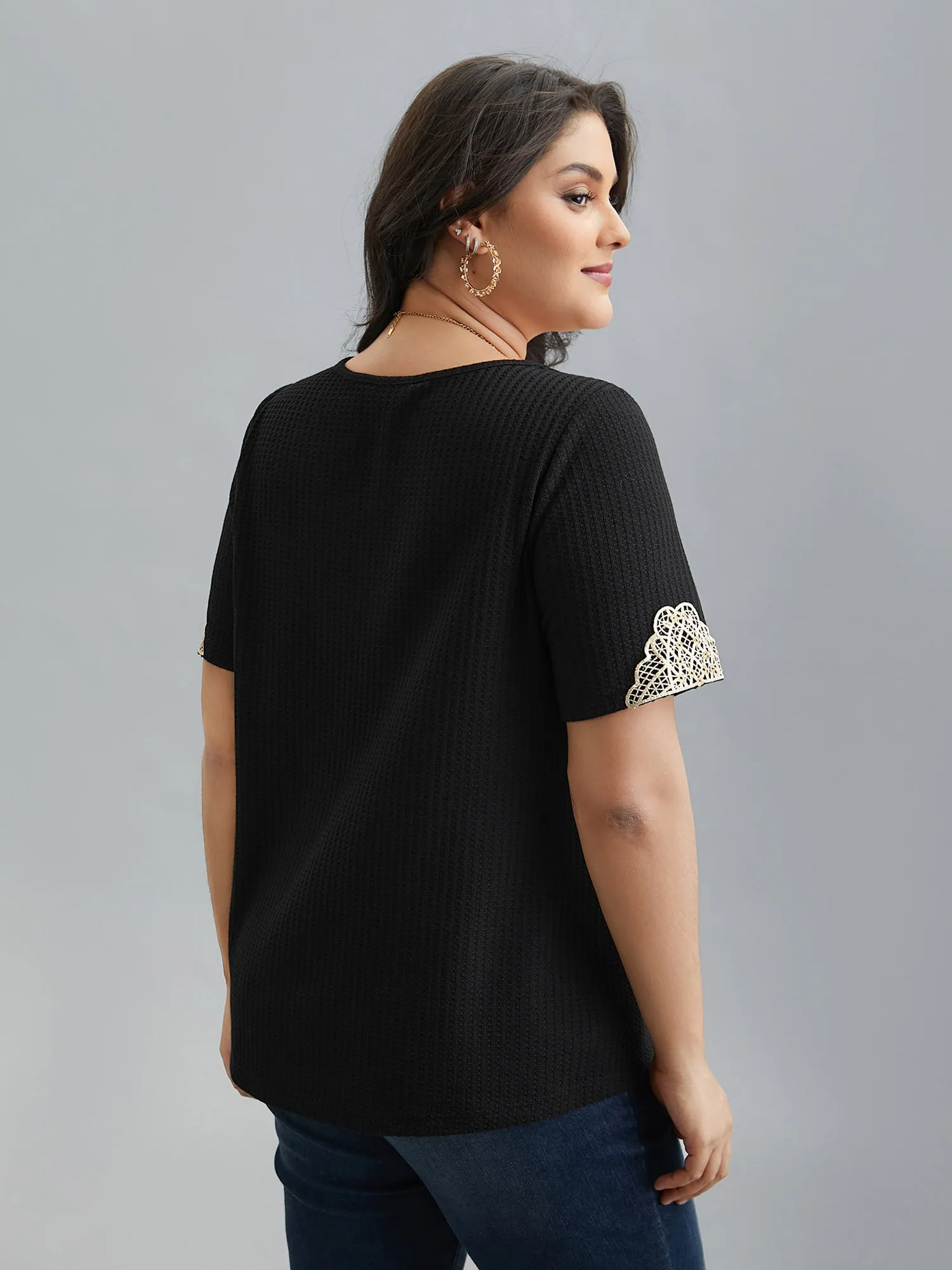 Lace Patchwork Textured Waffle Knit Top sold by Bloomchic product image thumbnail 5