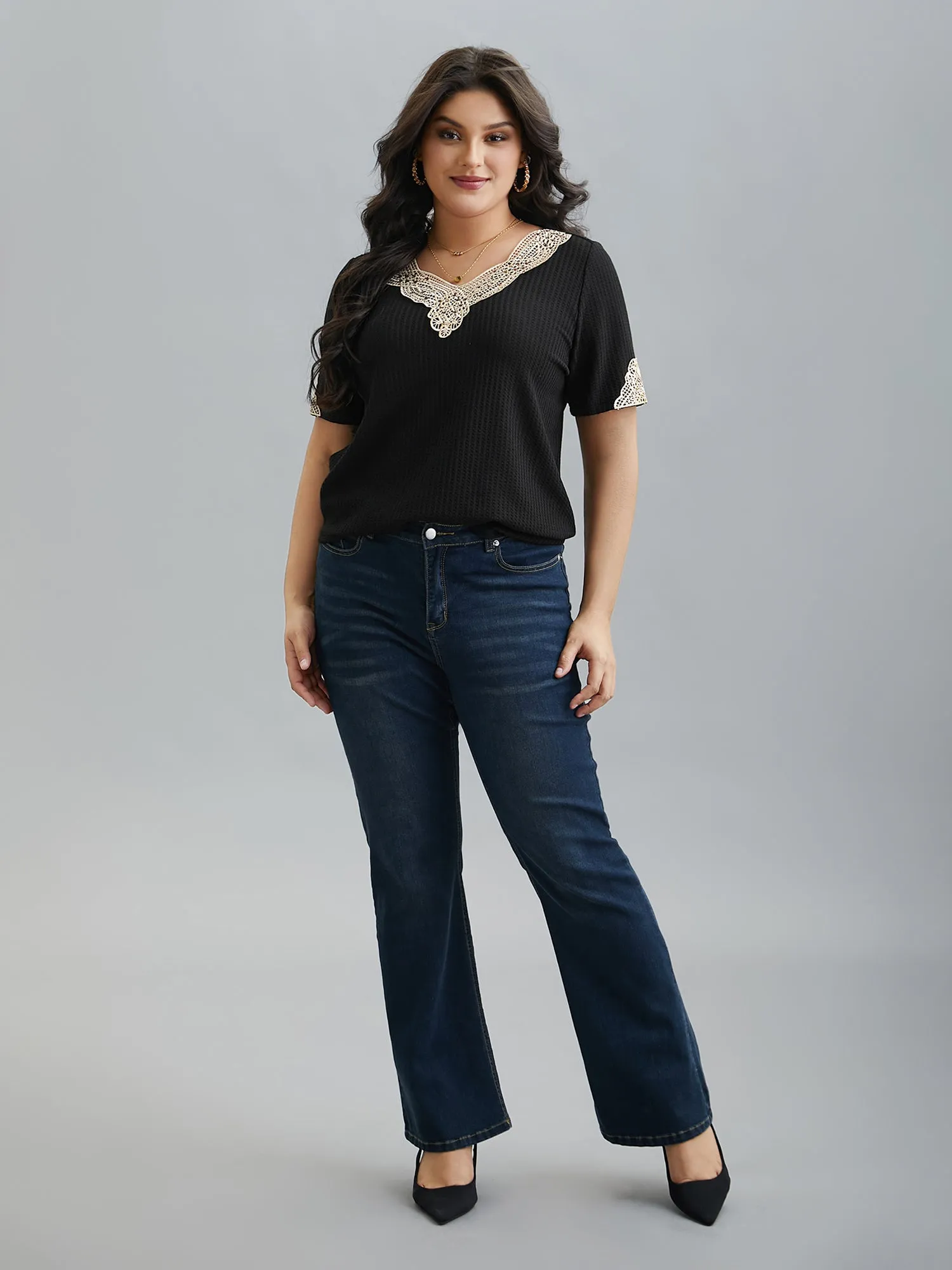 Lace Patchwork Textured Waffle Knit Top sold by Bloomchic product image thumbnail 4