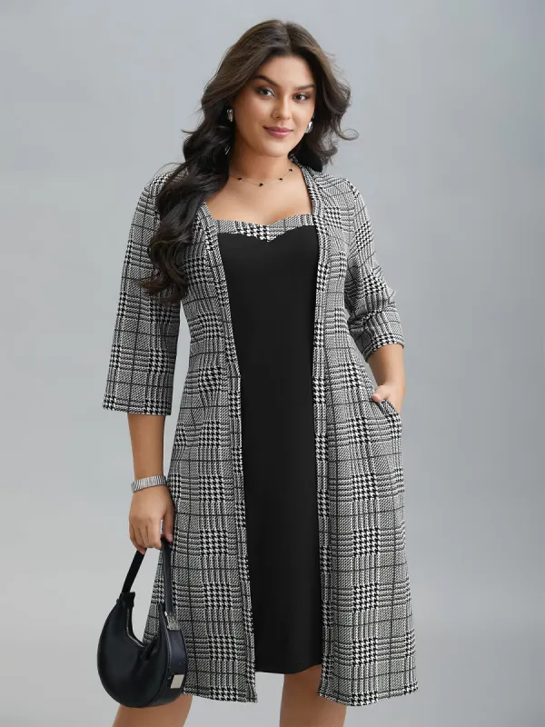 Houndstooth Print Waist-Cinched Patchwork Midi Dress sold by Bloomchic