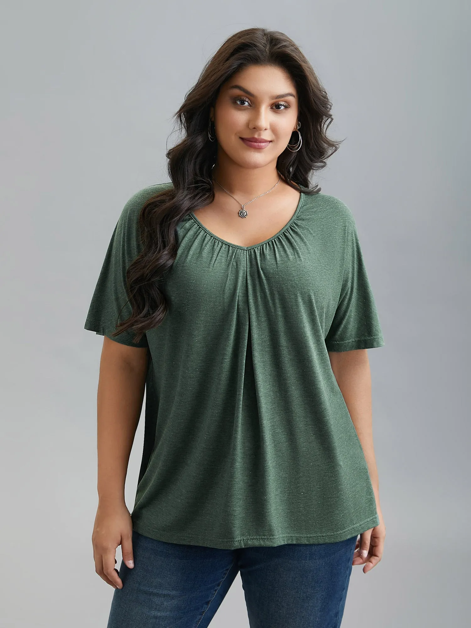Pleated Plain Half-Sleeve Knit Top sold by Bloomchic