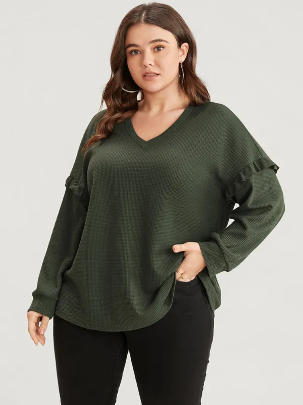 Solid V Neck Ruffles Trim Long Tee sold by Bloomchic