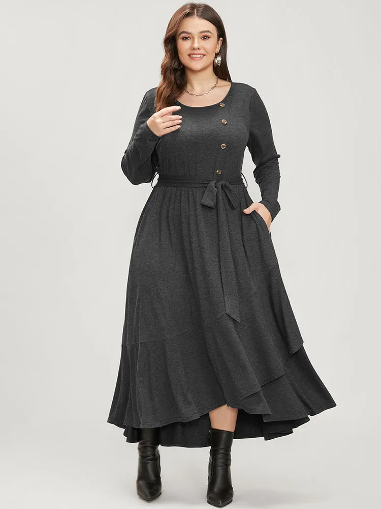 Solid Pocket Button Detail Belted Ruffles Hem Dress sold by Bloomchic product image thumbnail 4