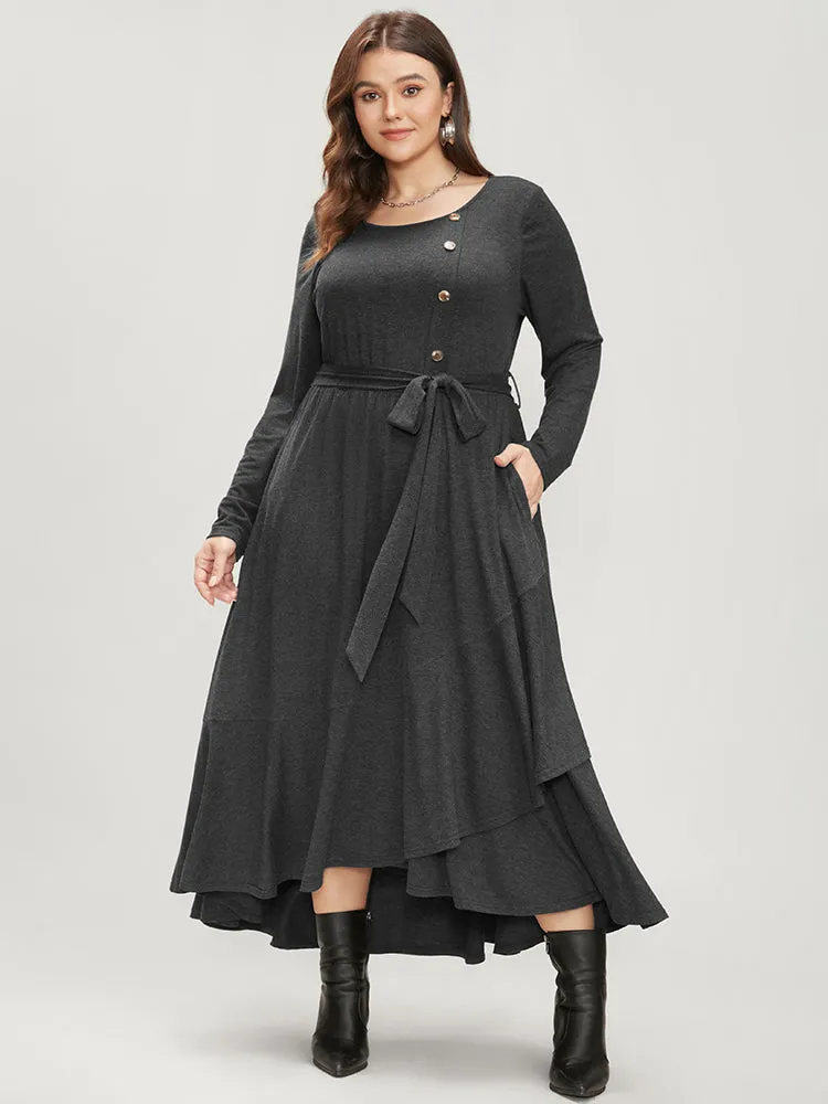 Solid Pocket Button Detail Belted Ruffles Hem Dress sold by Bloomchic product image thumbnail 3