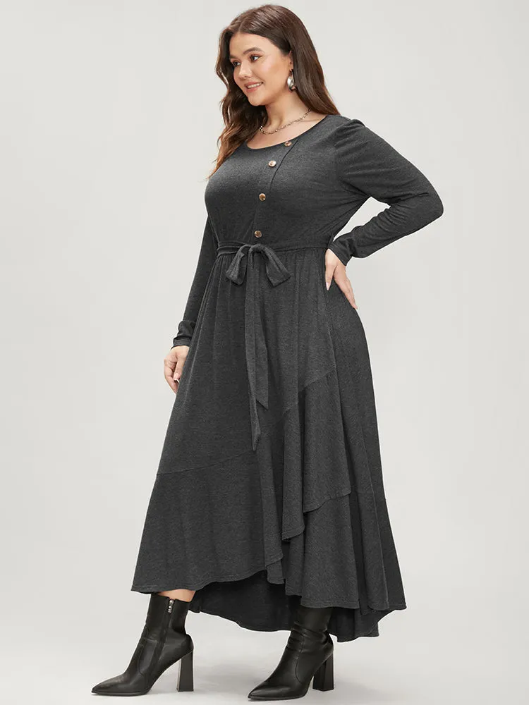 Solid Pocket Button Detail Belted Ruffles Hem Dress sold by Bloomchic product image thumbnail 2