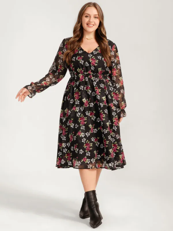 Floral Mesh Lantern Sleeve Pocket Flutter Dress sold by Bloomchic