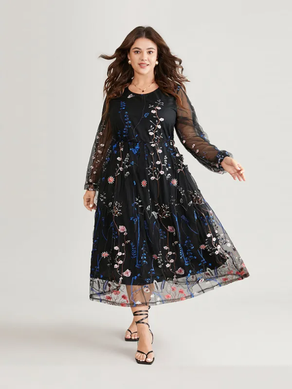 Floral Embroidered Mesh Lantern Sleeve Pocket Midi Dress sold by Bloomchic