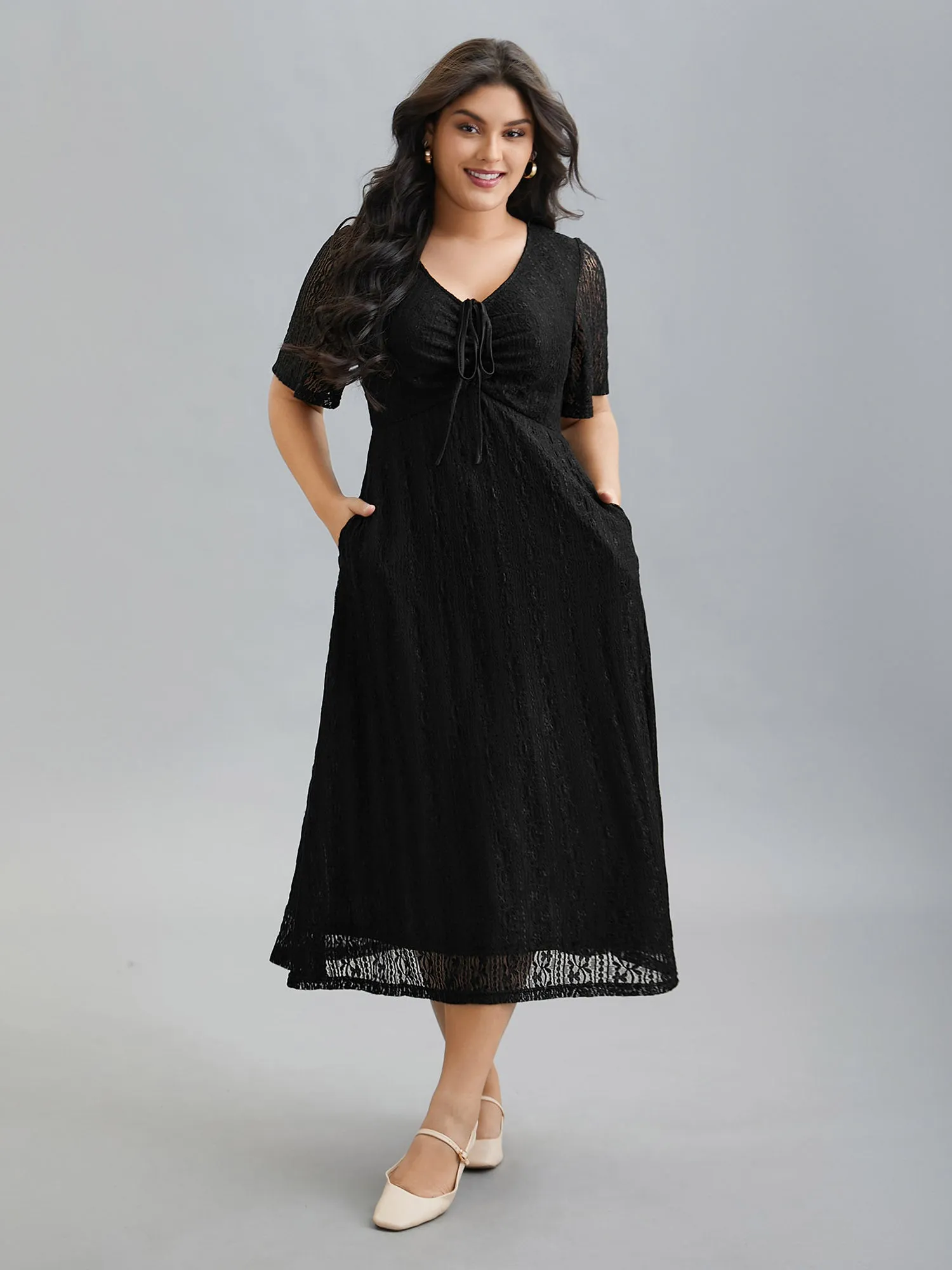 Lace V-Neck Bow Drawstring Midi Dress sold by Bloomchic product image thumbnail 4