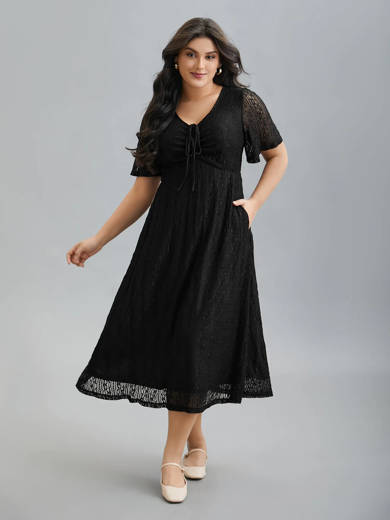 Lace V-Neck Bow Drawstring Midi Dress sold by Bloomchic product image thumbnail 3