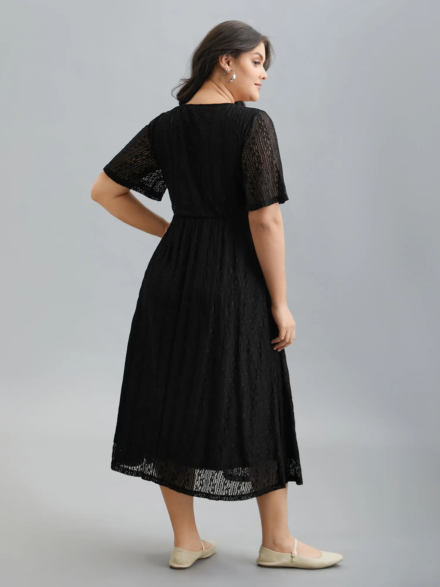 Lace V-Neck Bow Drawstring Midi Dress sold by Bloomchic product image thumbnail 5