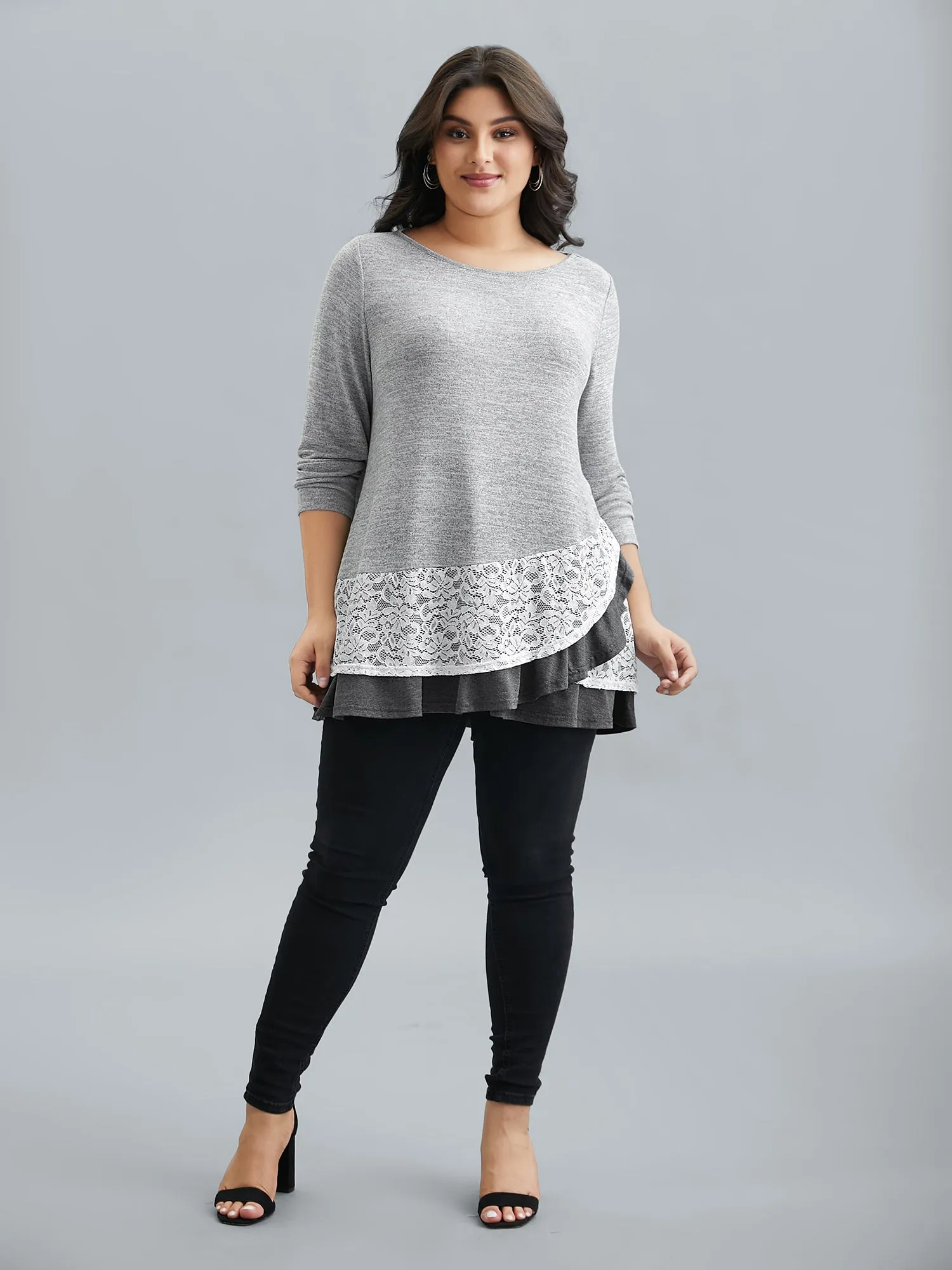 Lace Overlap Hem Round Neck T-Shirt sold by Bloomchic product image thumbnail 2