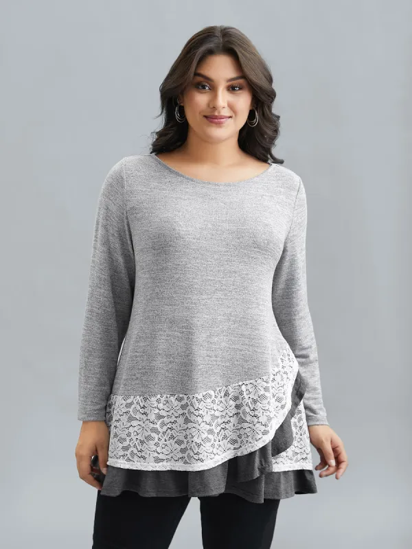 Lace Overlap Hem Round Neck T-Shirt sold by Bloomchic