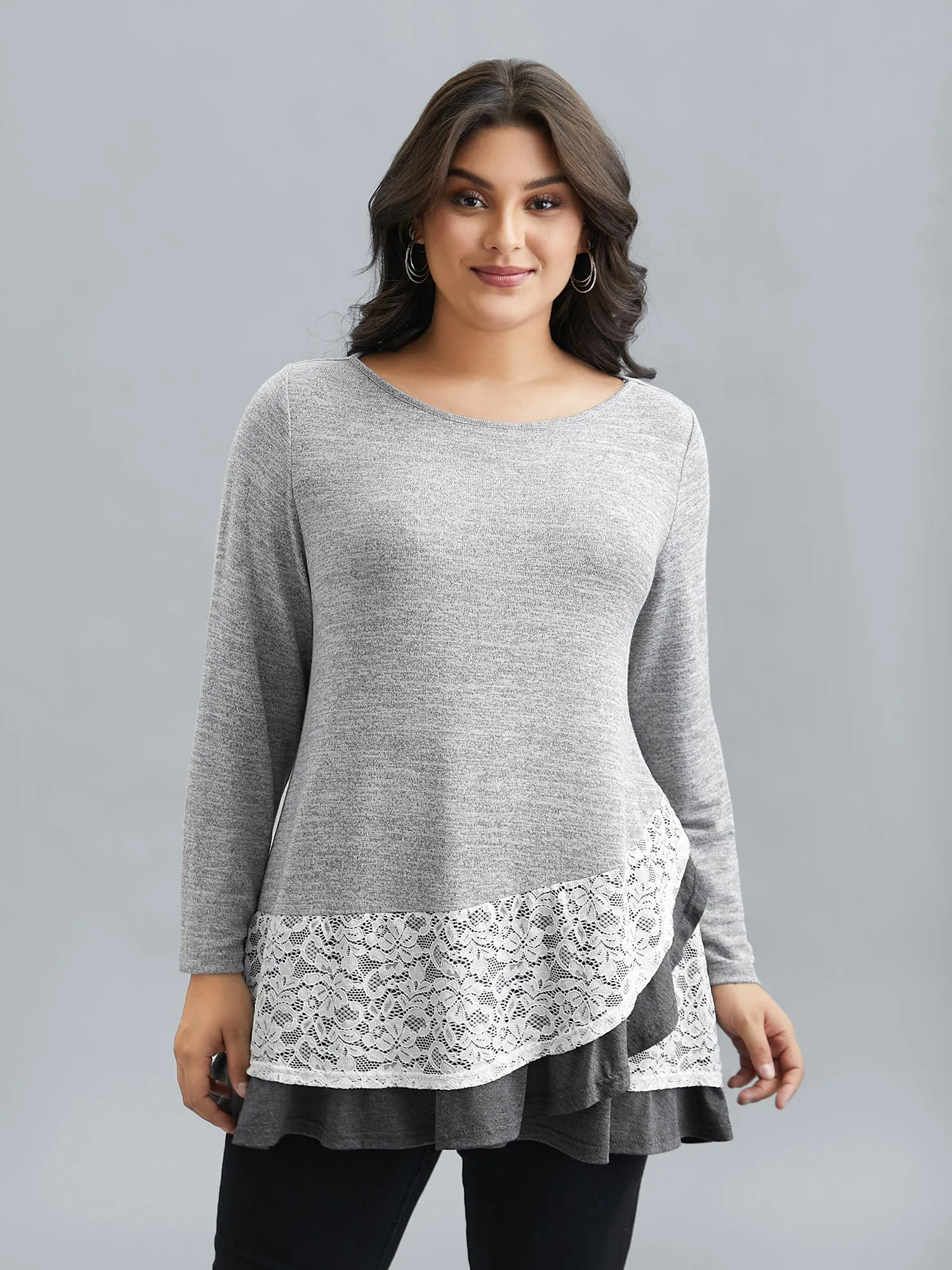 Lace Overlap Hem Round Neck T-Shirt sold by Bloomchic
