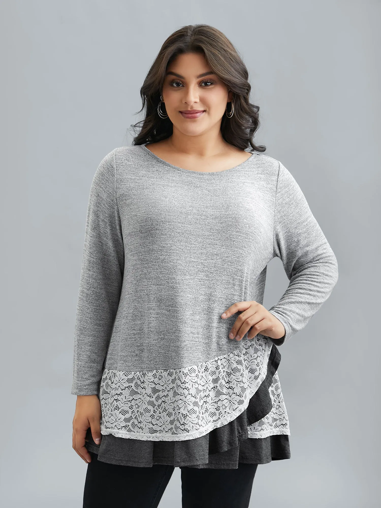 Lace Overlap Hem Round Neck T-Shirt sold by Bloomchic product image thumbnail 3