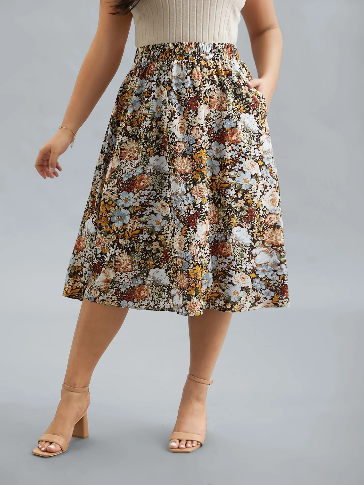 Floral Print Stretchy-Waist Midi Skirt sold by Bloomchic