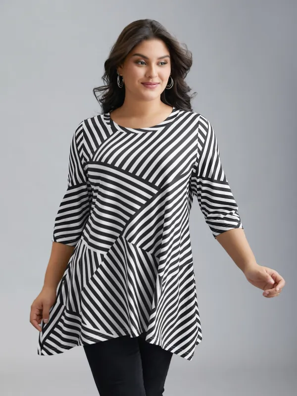 Striped Arc Hem Round Neck T-Shirt sold by Bloomchic