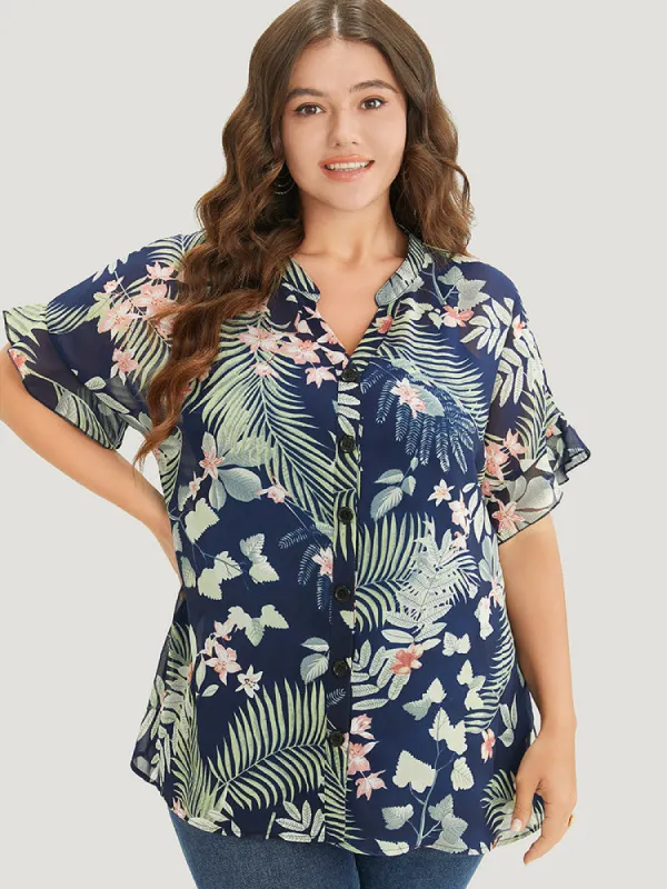 Tropical Print Notched Neck Button Up Blouse sold by Bloomchic