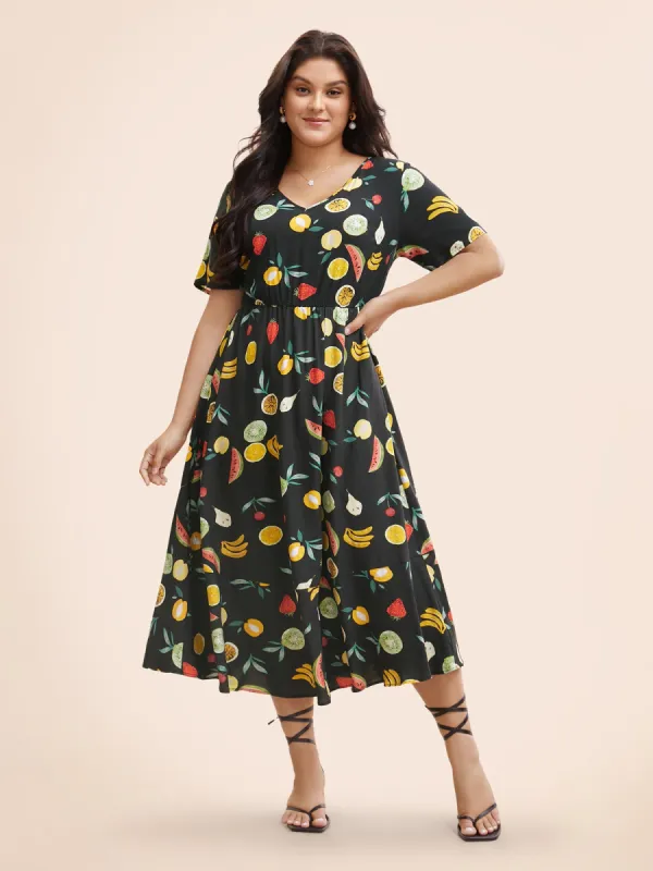 Fruit Print Elastic Waist Gathered Dress sold by Bloomchic