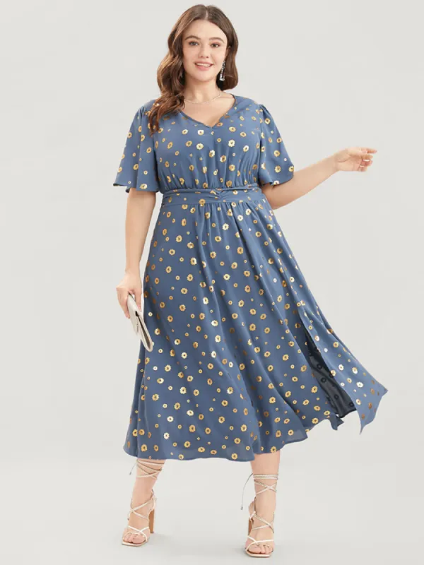 Floral Print V Neck Ruched Pocket Ruffles Split Hem Dress sold by Bloomchic