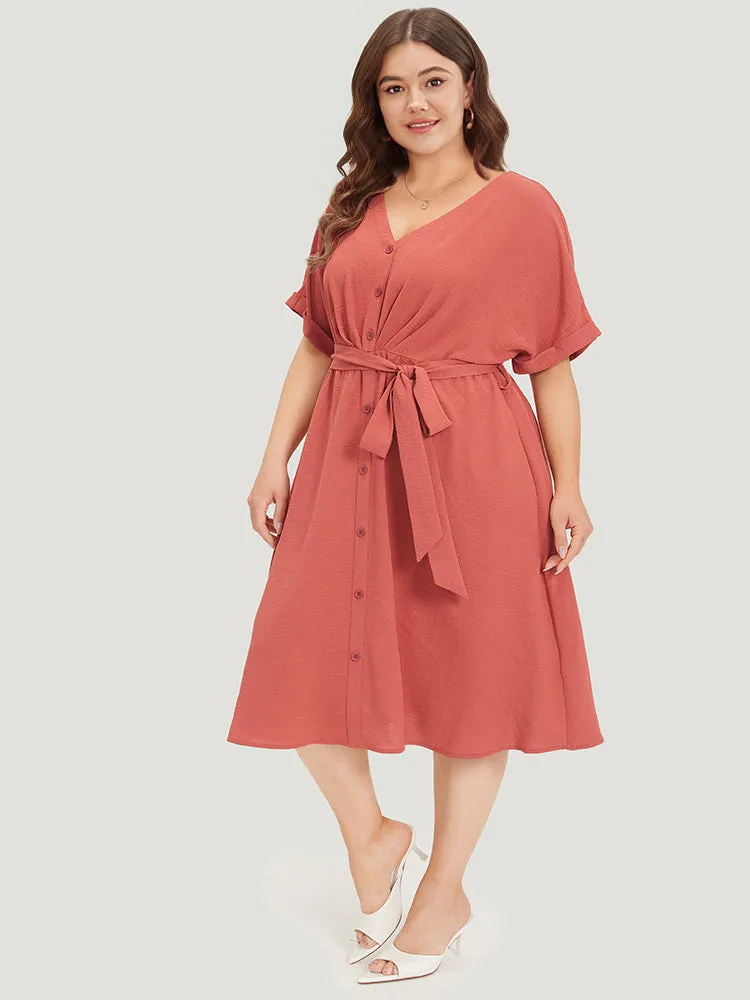 Solid Pocket Button Detail Ties Roll Sleeve Dress sold by Bloomchic product image thumbnail 5